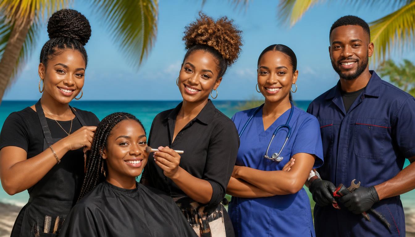 Coiffeuse, maquilleuse, infirmière et technicien des Outre-mer réunis dans un décor tropical
